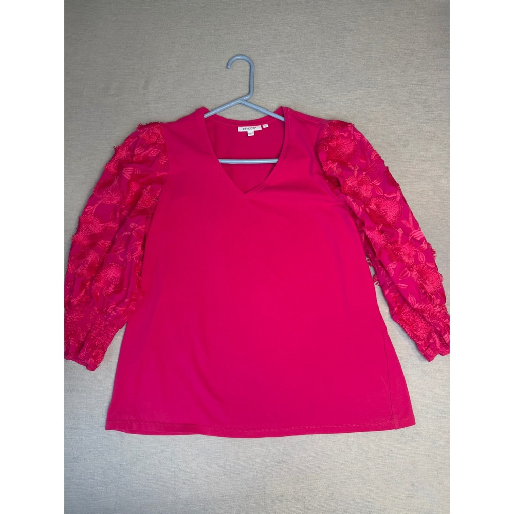 Chicos Magenta Pink V-Neck Top Floral Embroidered Sleeve Smocked Cuff Sz 2 L